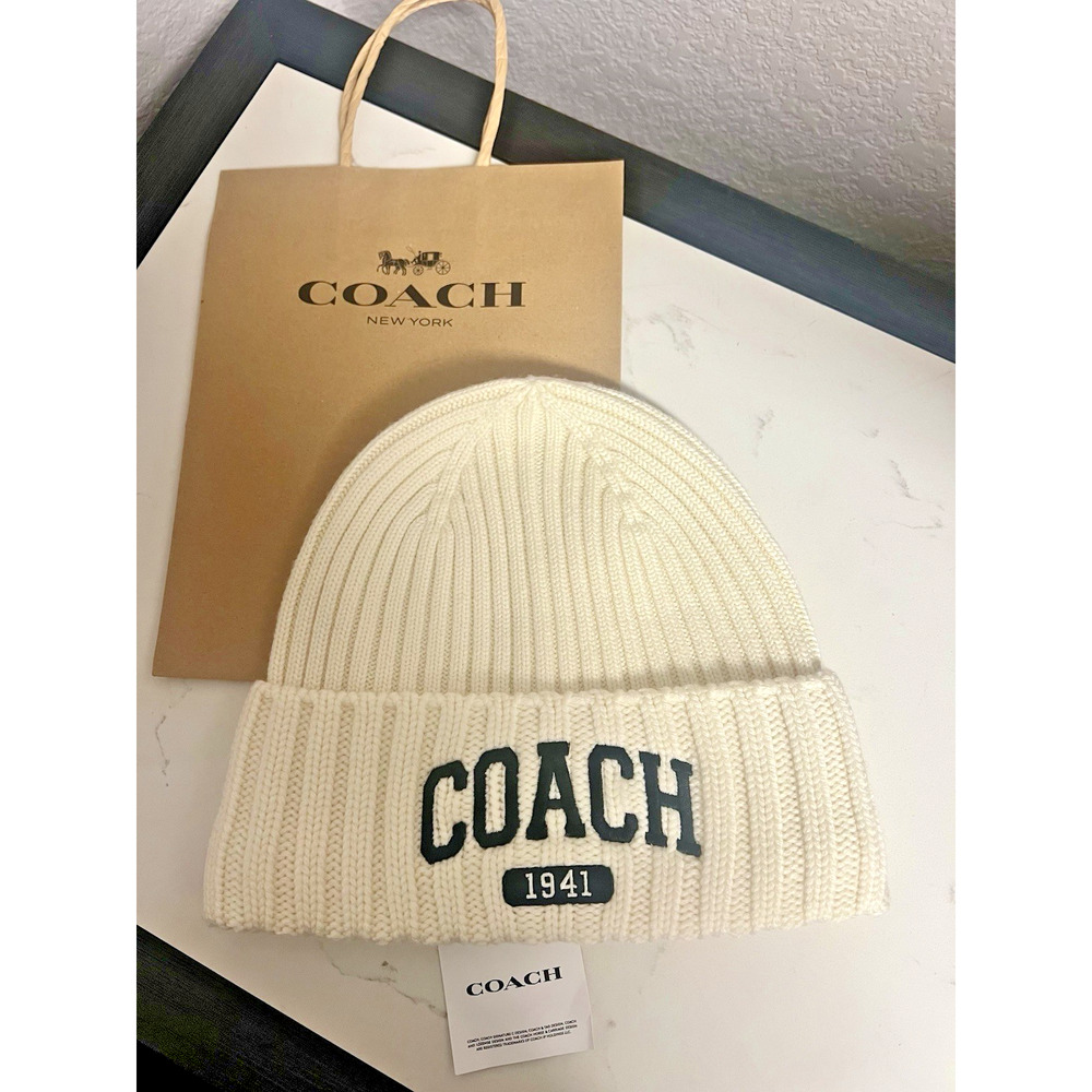 Coach Varsity Embroidred Knit Beanie Hat Chalk White 1941 Logo